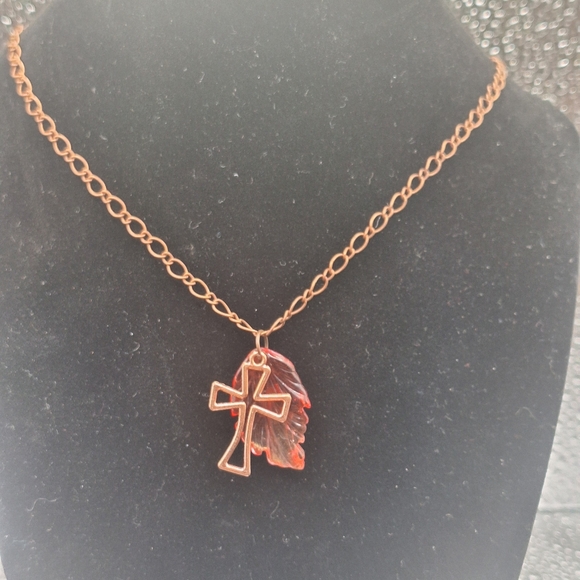Handmade Copper Cross and Lucite Feather Necklace - Picture 1 of 1